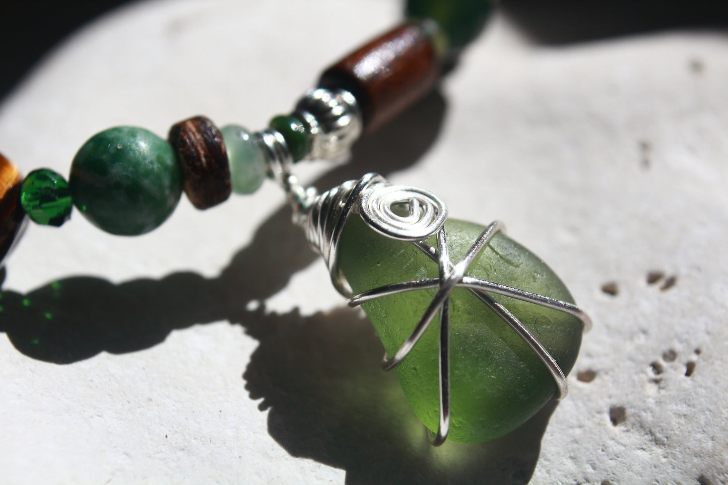 Forest Green and Brown Irish Sea Glass Beaded Bracelet