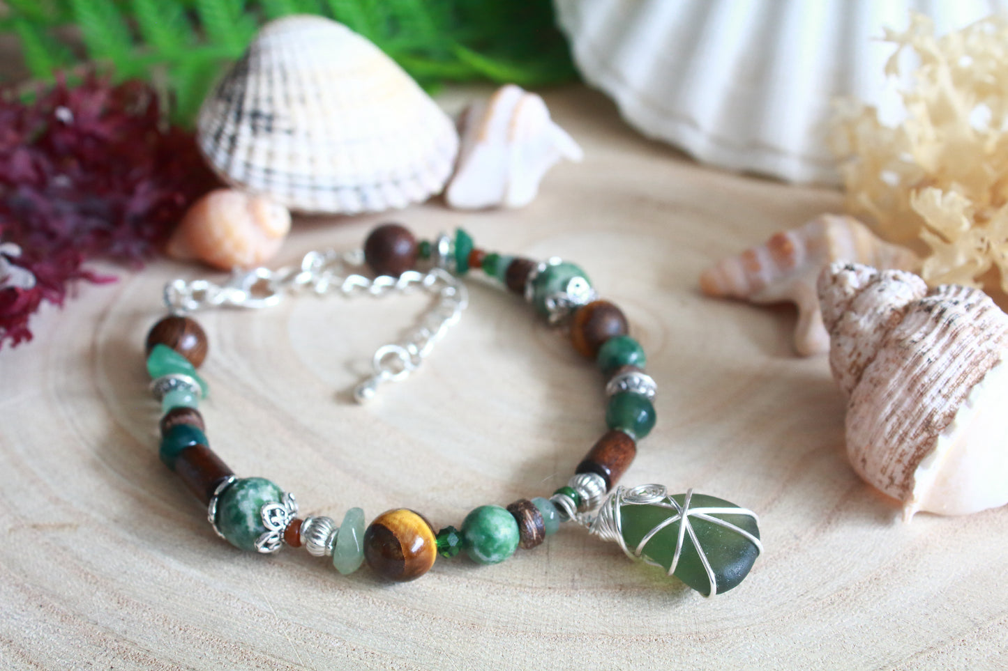 Forest Green and Brown Irish Sea Glass Beaded Bracelet