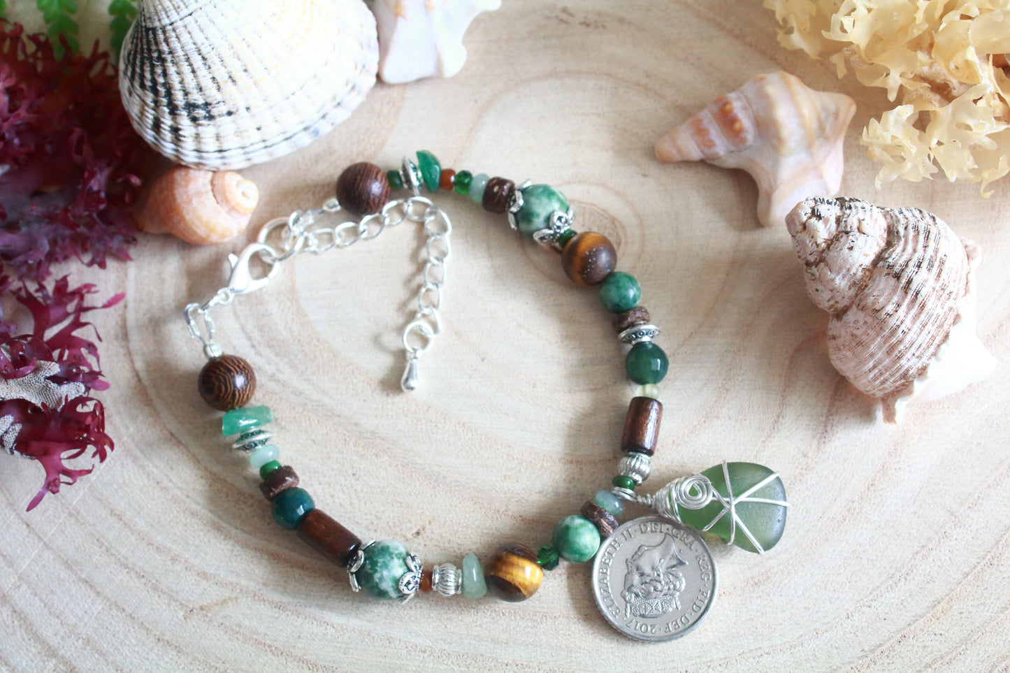 Forest Green and Brown Irish Sea Glass Beaded Bracelet