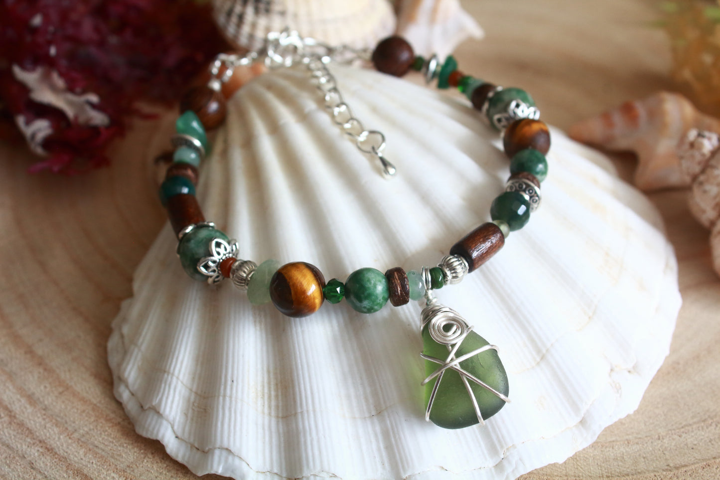 Forest Green and Brown Irish Sea Glass Beaded Bracelet