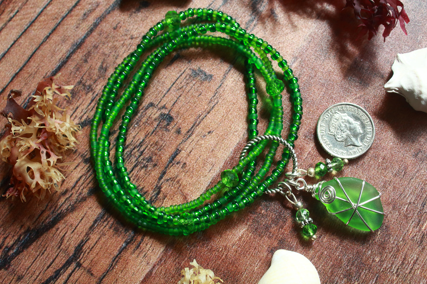Green Beaded Stretch Sea Glass Bracelet