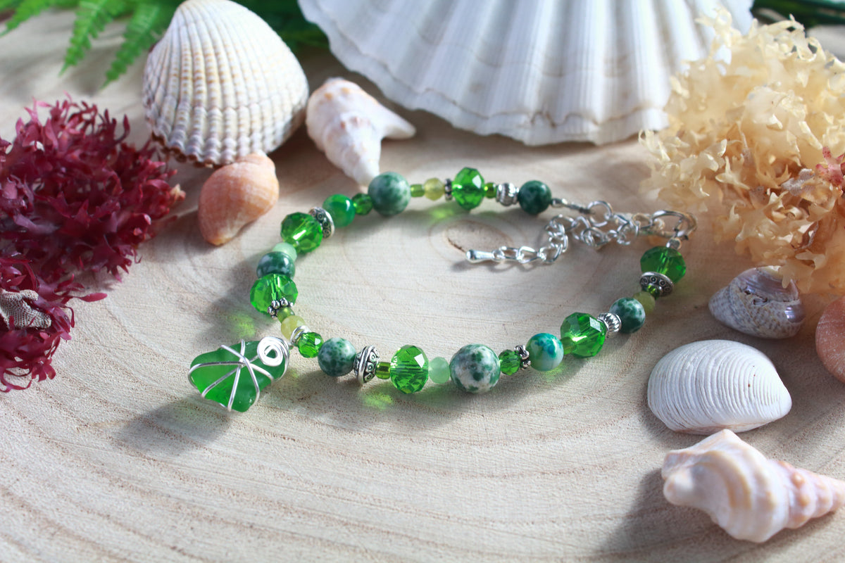 Green Beaded Sea Glass Bracelet , Boho Irish Sea Glass Jewellery