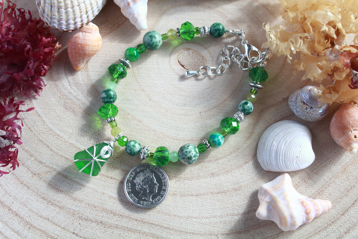 Green Beaded Sea Glass Bracelet , Boho Irish Sea Glass Jewellery