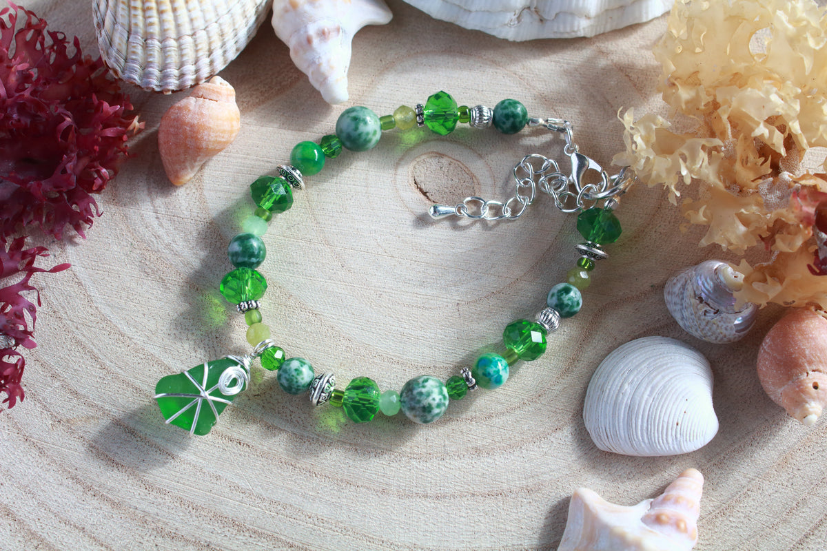 Green Beaded Sea Glass Bracelet , Boho Irish Sea Glass Jewellery