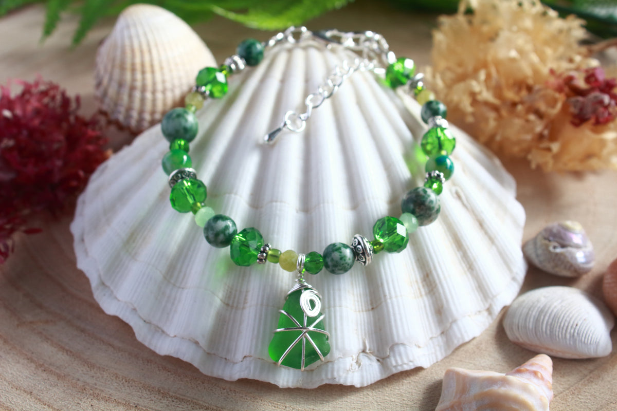 Green Beaded Sea Glass Bracelet , Boho Irish Sea Glass Jewellery