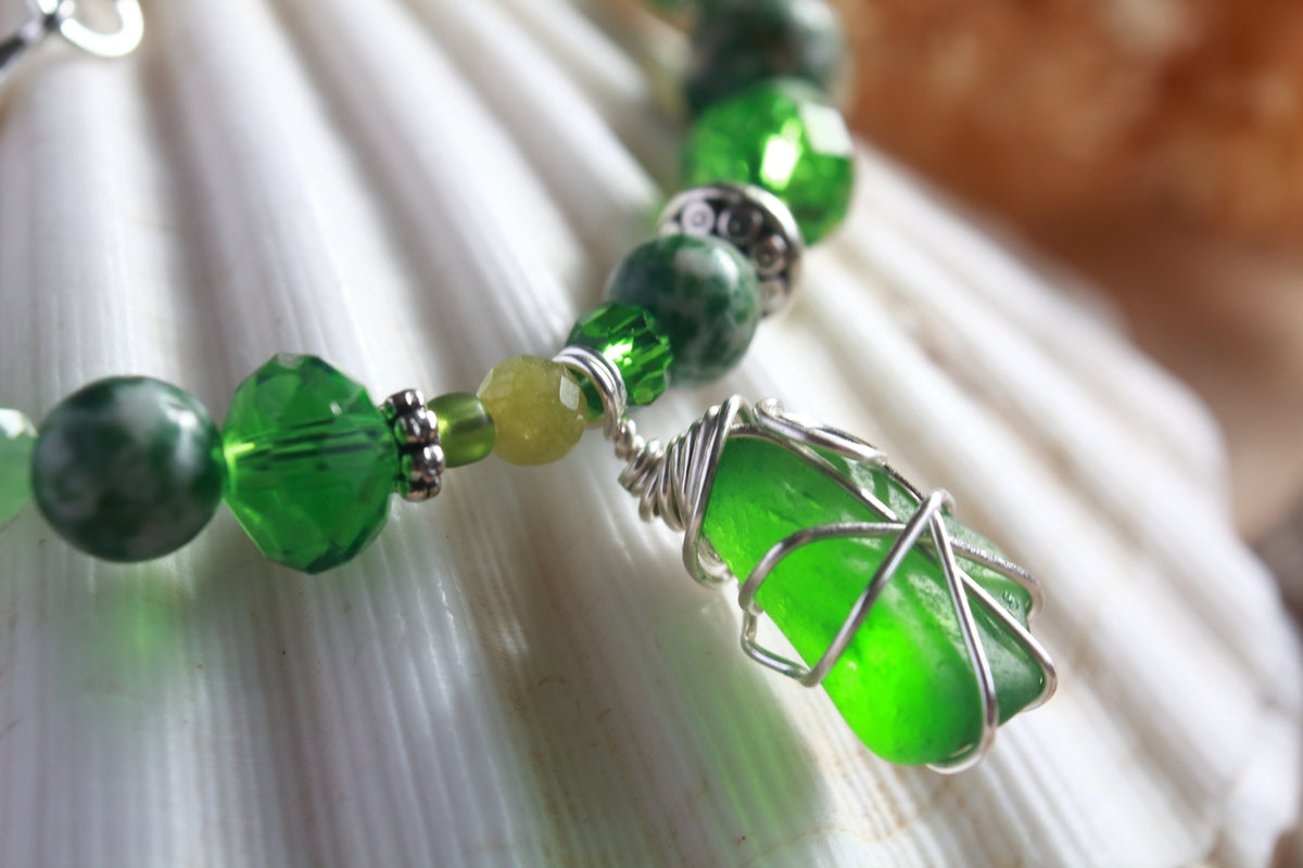 Green Beaded Sea Glass Bracelet , Boho Irish Sea Glass Jewellery