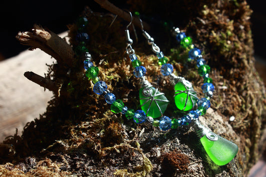 Green and Blue Sea Glass Bracelet & Earring Set, Bluebell Inspired Jewellery Set