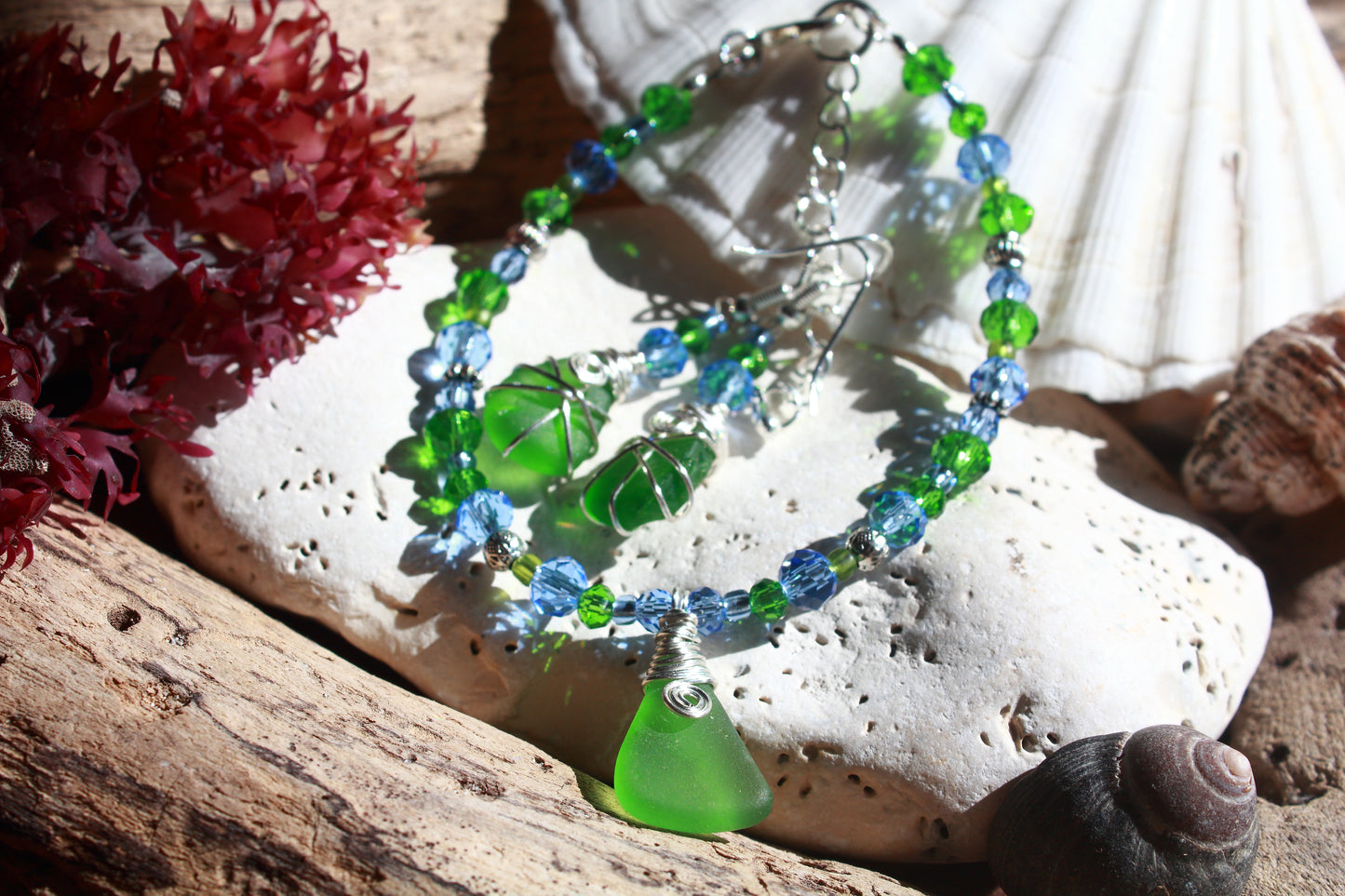 Green and Blue Sea Glass Bracelet & Earring Set, Bluebell Inspired Jewellery Set