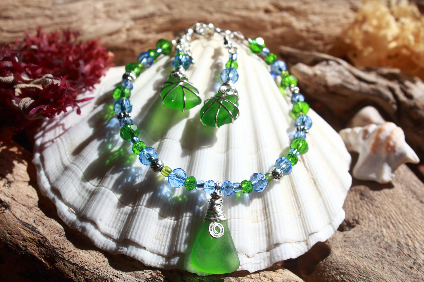Green and Blue Sea Glass Bracelet & Earring Set, Bluebell Inspired Jewellery Set