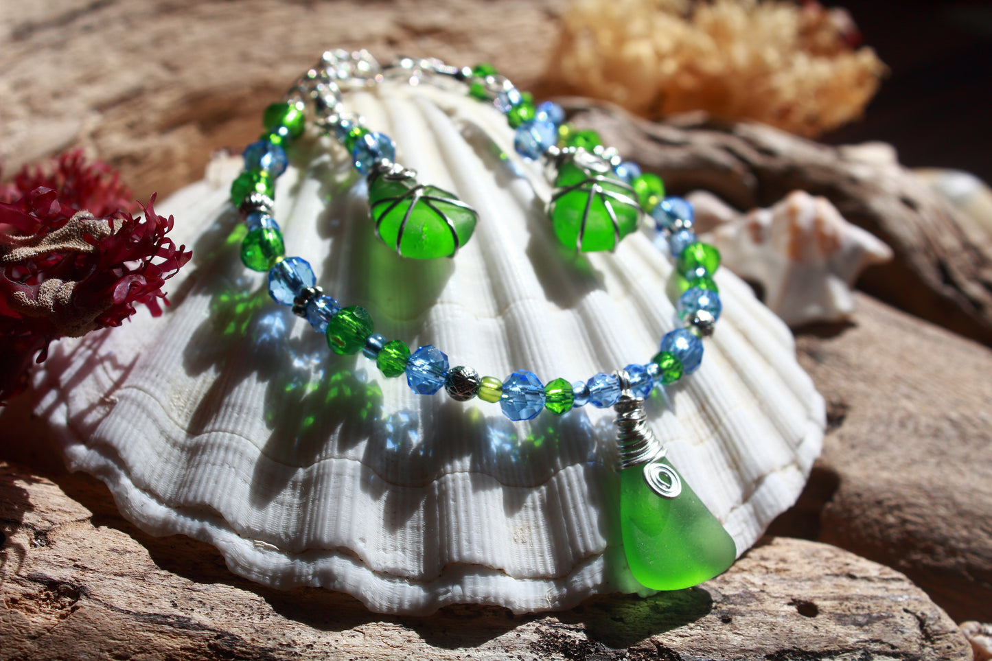 Green and Blue Sea Glass Bracelet & Earring Set, Bluebell Inspired Jewellery Set