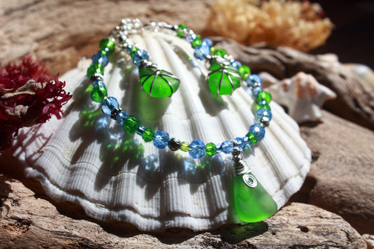 Green and Blue Sea Glass Bracelet & Earring Set, Bluebell Inspired Jewellery Set