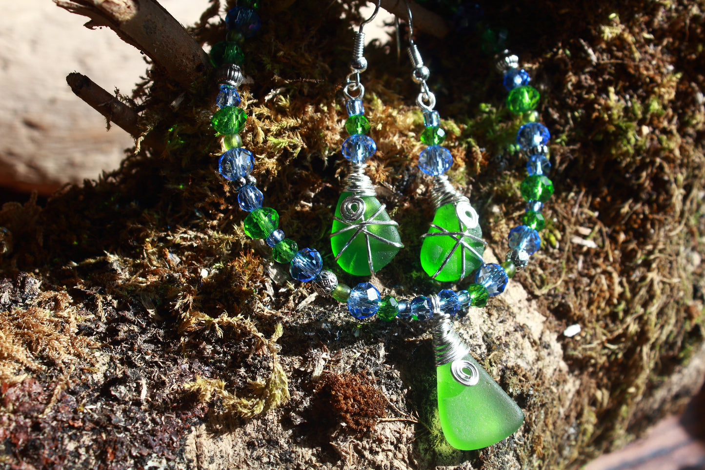 Green and Blue Sea Glass Bracelet & Earring Set, Bluebell Inspired Jewellery Set