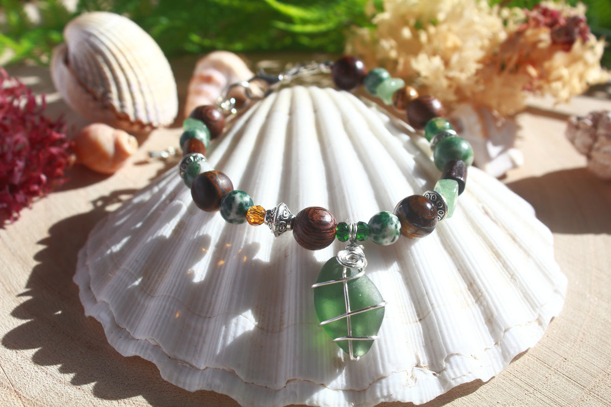 Green Brown Beaded Sea Glass Bracelet , Boho Irish Sea Glass Jewellery
