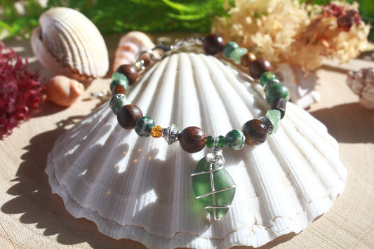 Green Brown Beaded Sea Glass Bracelet , Boho Irish Sea Glass Jewellery