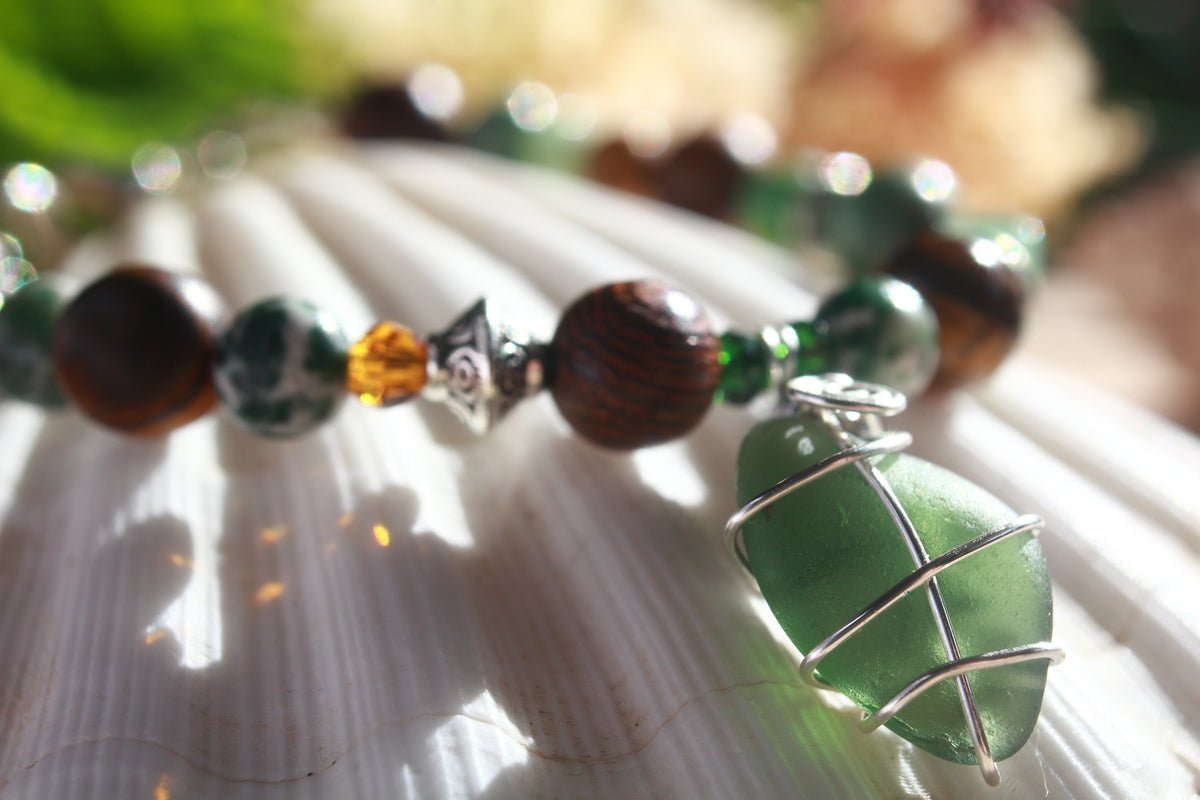 Green Brown Beaded Sea Glass Bracelet , Boho Irish Sea Glass Jewellery
