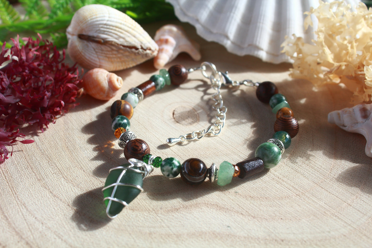 Green Brown Beaded Sea Glass Bracelet , Boho Irish Sea Glass Jewellery