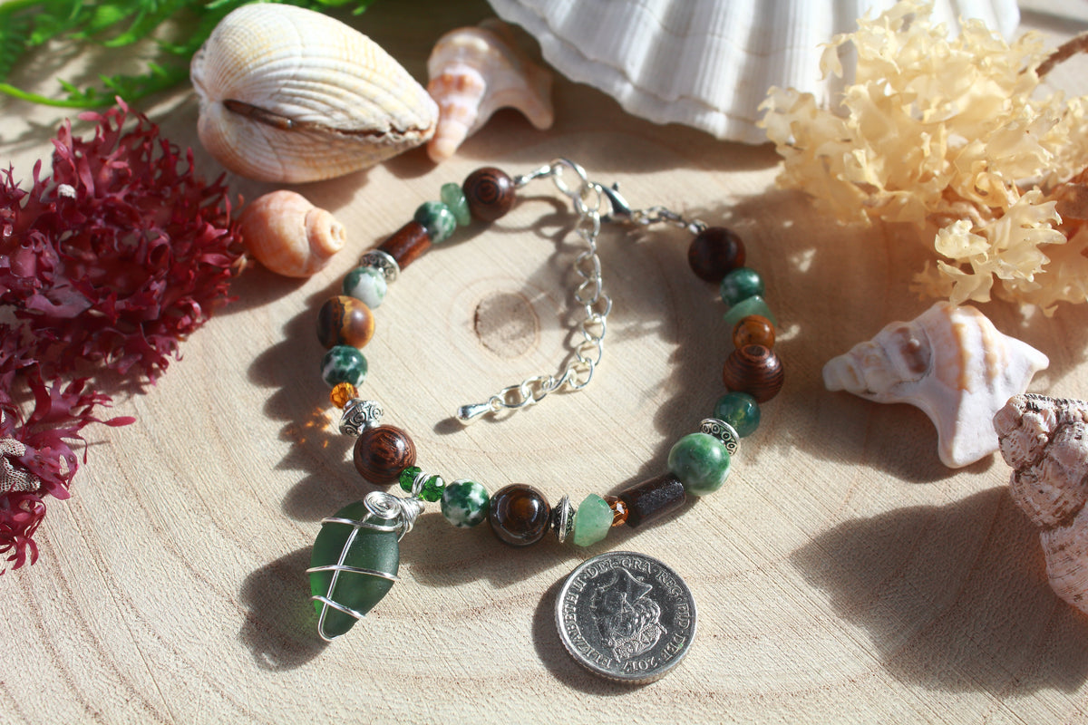 Green Brown Beaded Sea Glass Bracelet , Boho Irish Sea Glass Jewellery