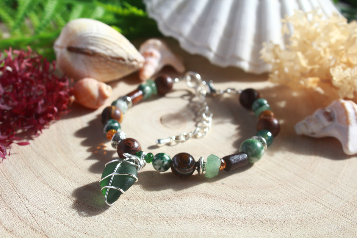 Green Brown Beaded Sea Glass Bracelet , Boho Irish Sea Glass Jewellery