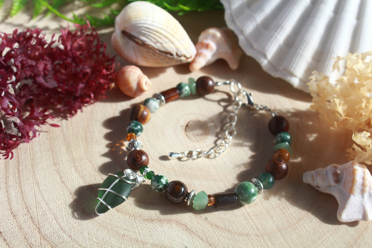 Green Brown Beaded Sea Glass Bracelet , Boho Irish Sea Glass Jewellery