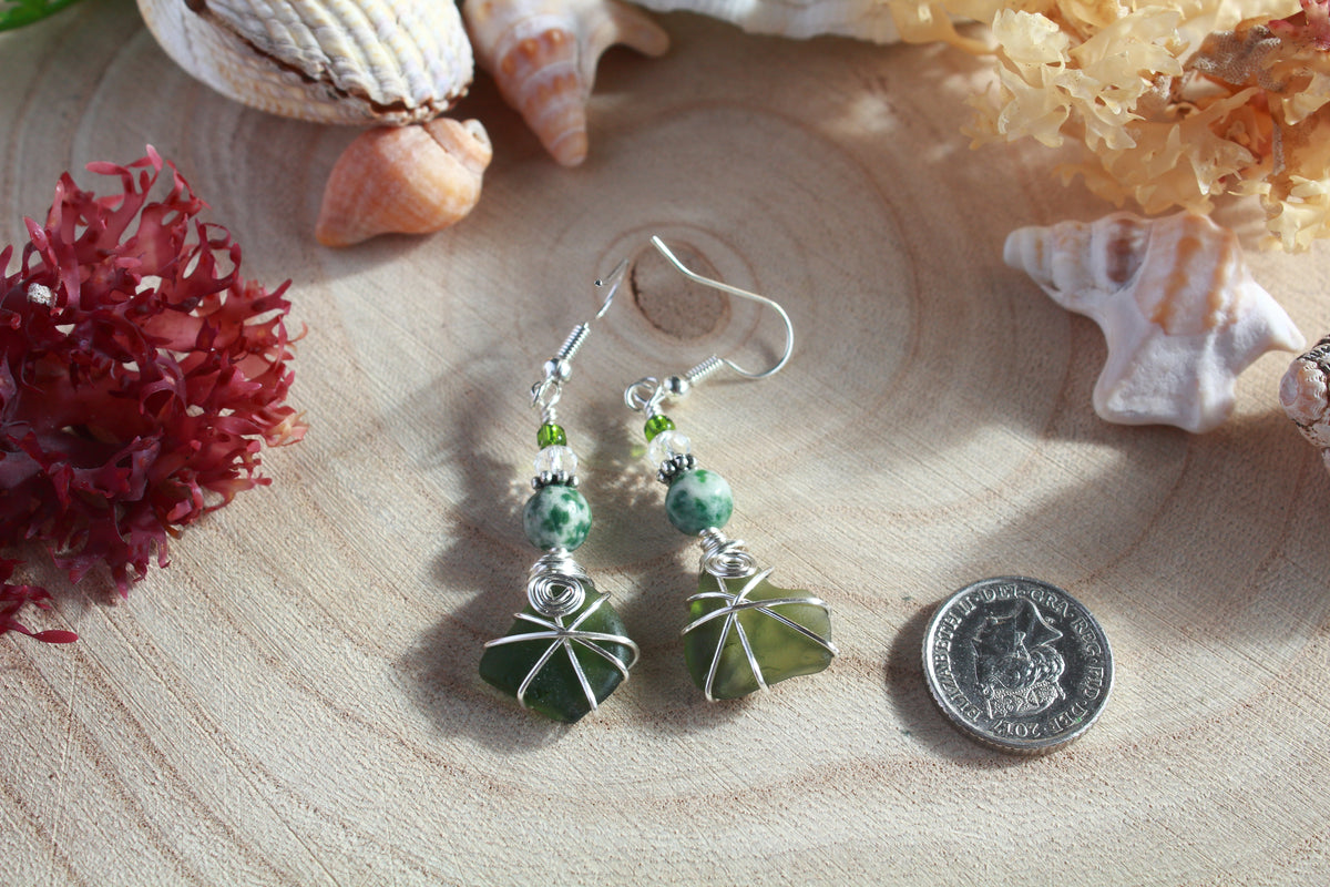 Forest Green Irish Sea Glass Beaded Earrings, Boho Irish Jewellery