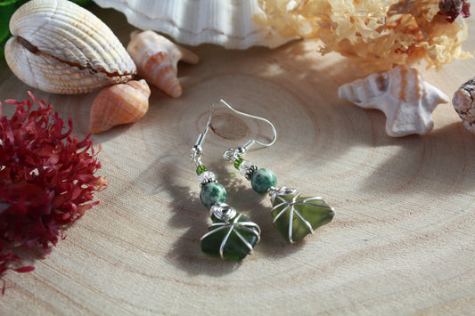 Forest Green Irish Sea Glass Beaded Earrings, Boho Irish Jewellery