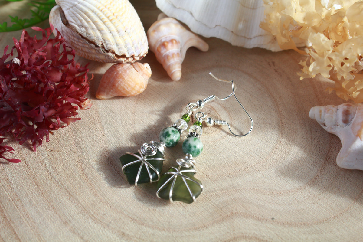 Forest Green Irish Sea Glass Beaded Earrings, Boho Irish Jewellery