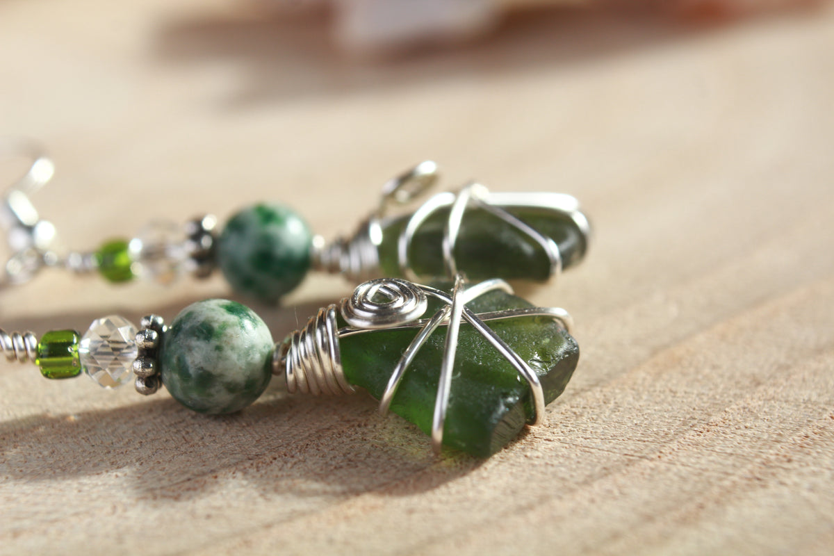 Forest Green Irish Sea Glass Beaded Earrings, Boho Irish Jewellery