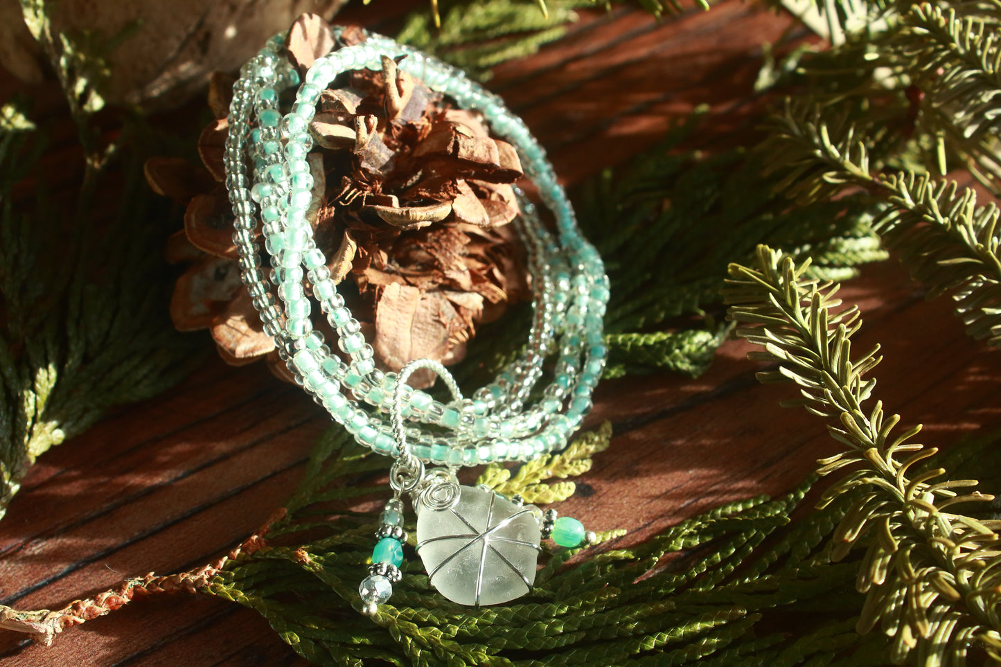 Winter Ice Crystal Sea Glass Beaded Stretch Bracelet