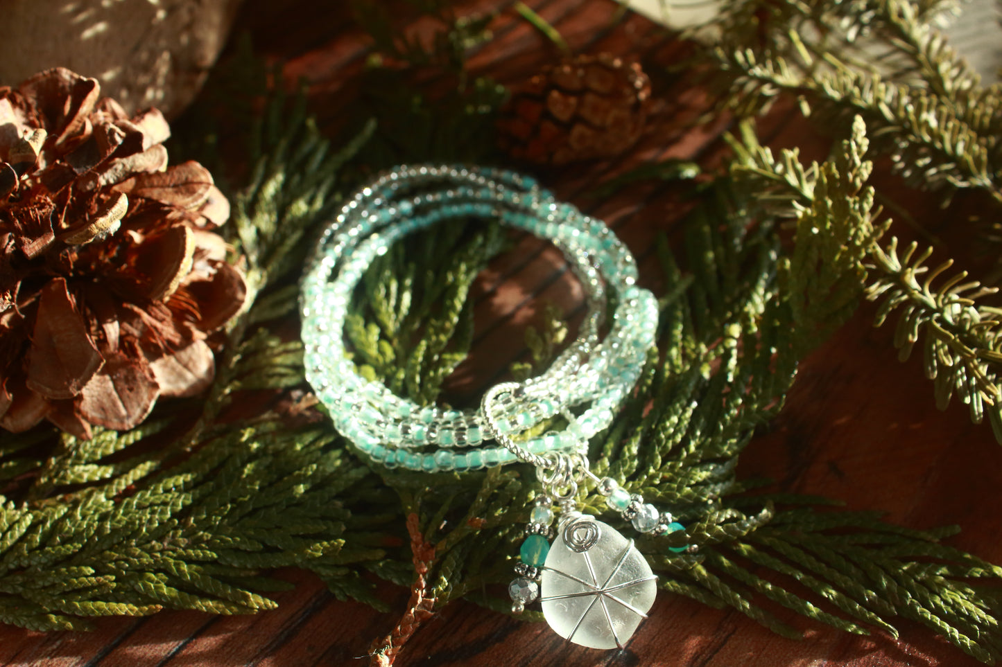 Winter Ice Crystal Sea Glass Beaded Stretch Bracelet