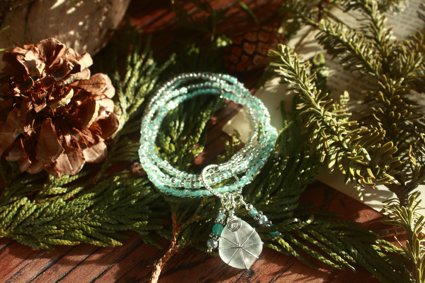 Winter Ice Crystal Sea Glass Beaded Stretch Bracelet