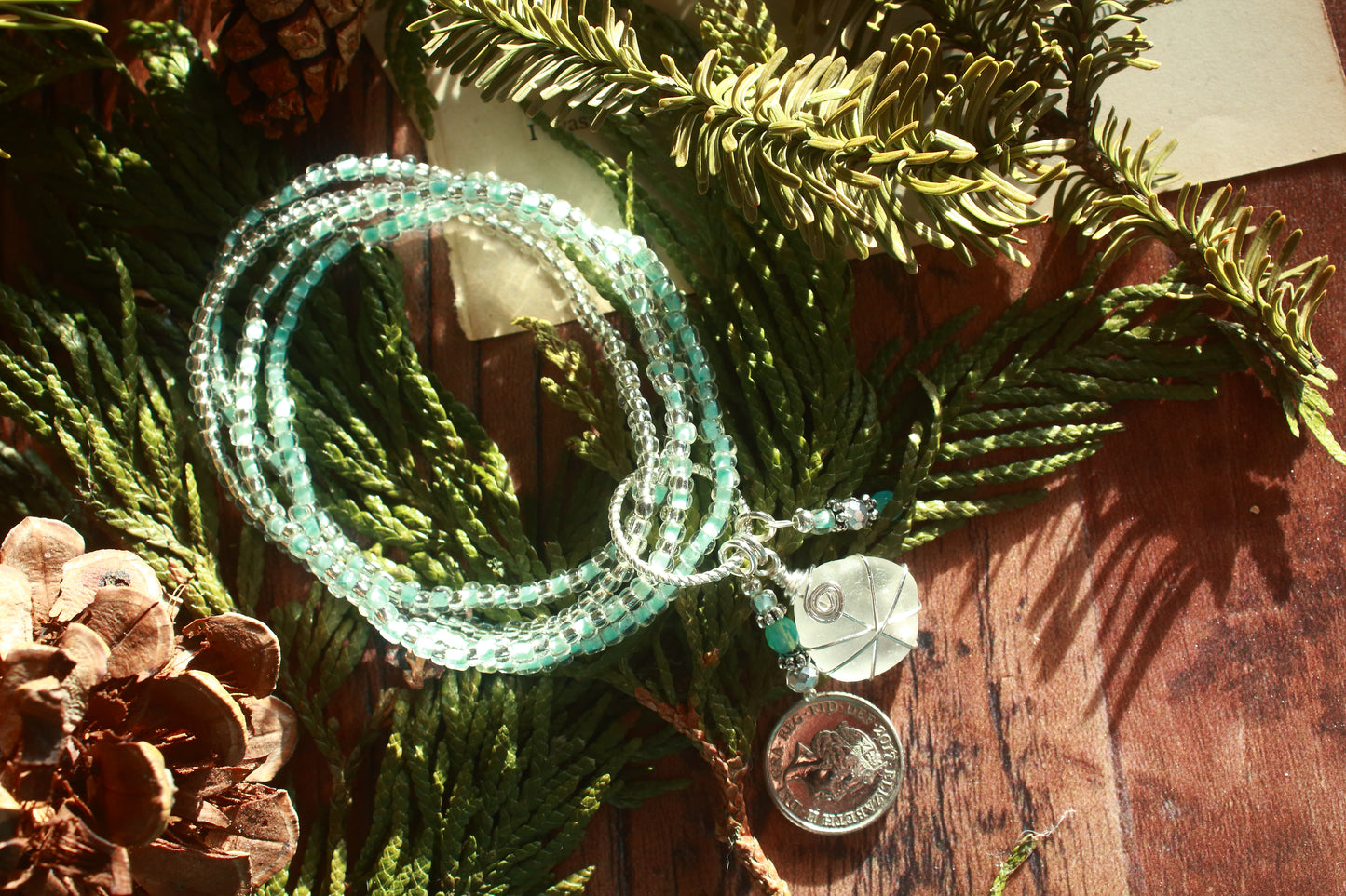 Winter Ice Crystal Sea Glass Beaded Stretch Bracelet