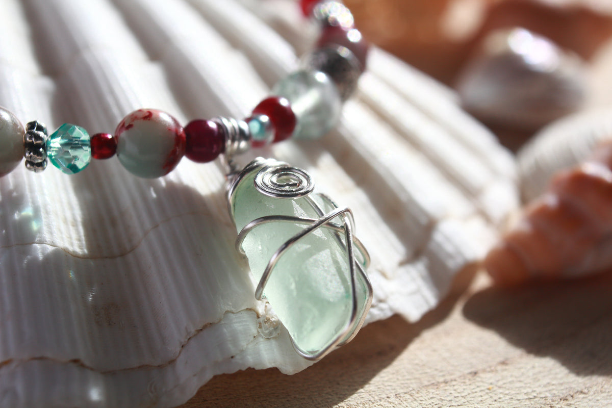 Burgundy Aqua Beaded Sea Glass Bracelet , Boho Irish Sea Glass Jewellery