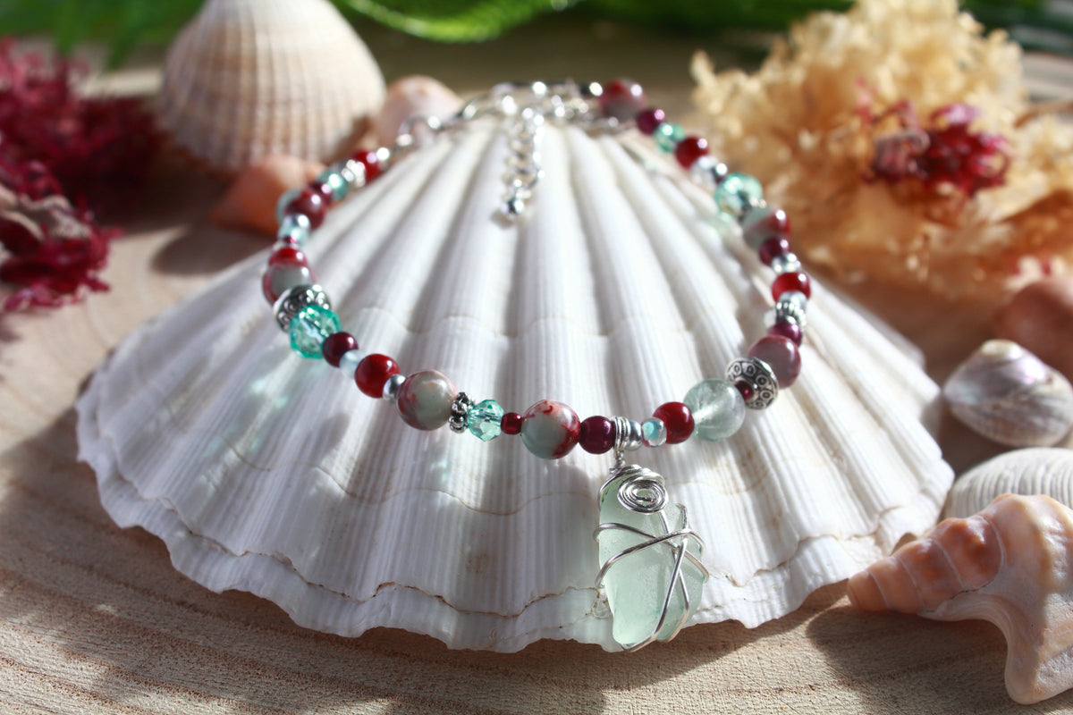 Burgundy Aqua Beaded Sea Glass Bracelet , Boho Irish Sea Glass Jewellery