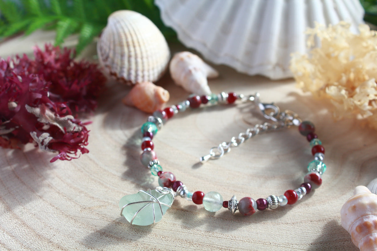 Burgundy Aqua Beaded Sea Glass Bracelet , Boho Irish Sea Glass Jewellery