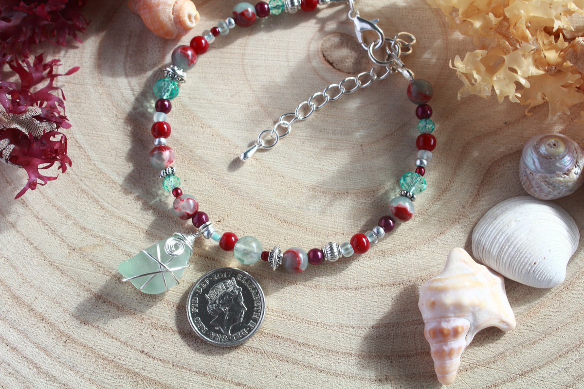 Burgundy Aqua Beaded Sea Glass Bracelet , Boho Irish Sea Glass Jewellery
