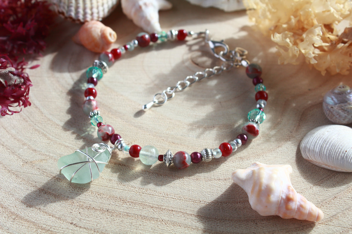 Burgundy Aqua Beaded Sea Glass Bracelet , Boho Irish Sea Glass Jewellery