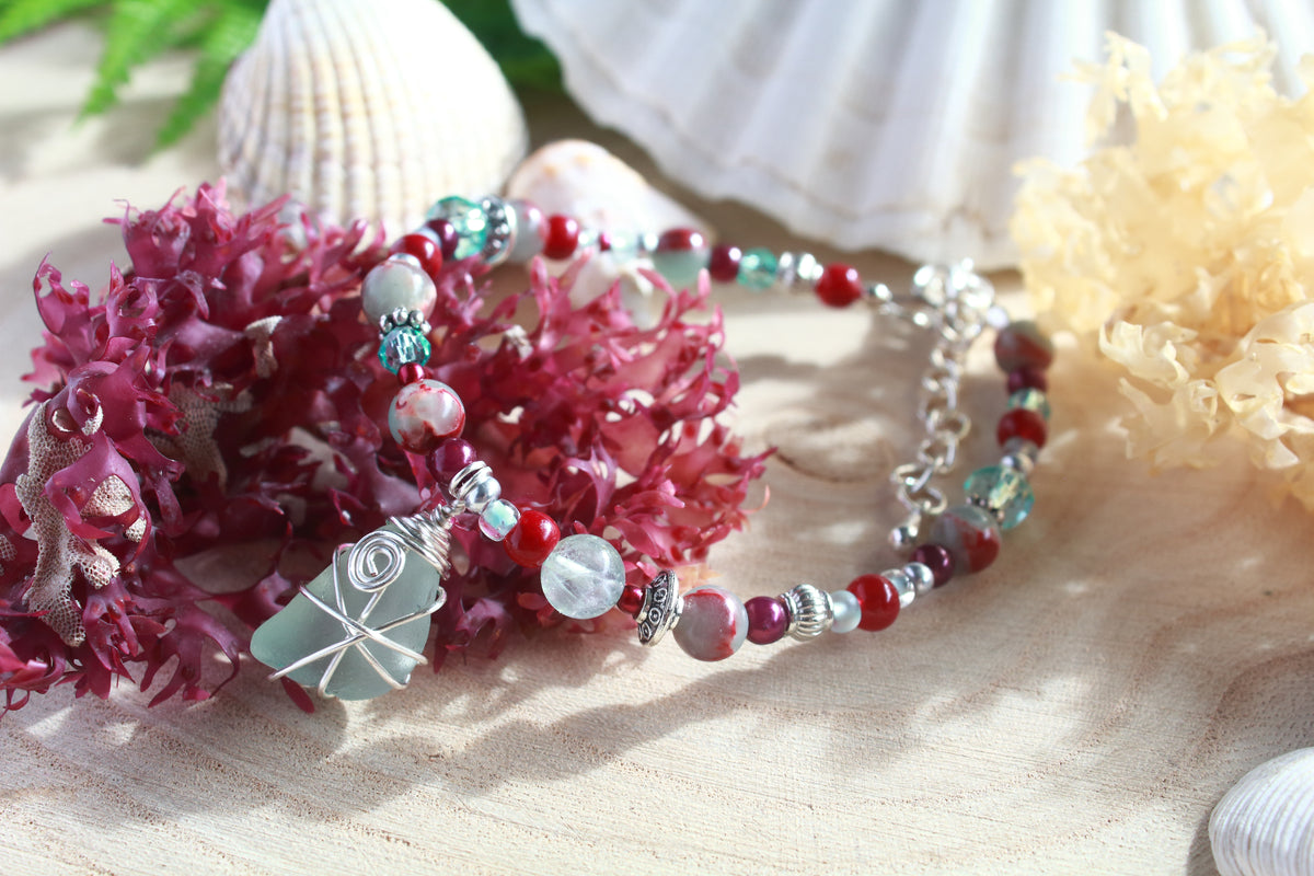 Burgundy Aqua Beaded Sea Glass Bracelet , Boho Irish Sea Glass Jewellery