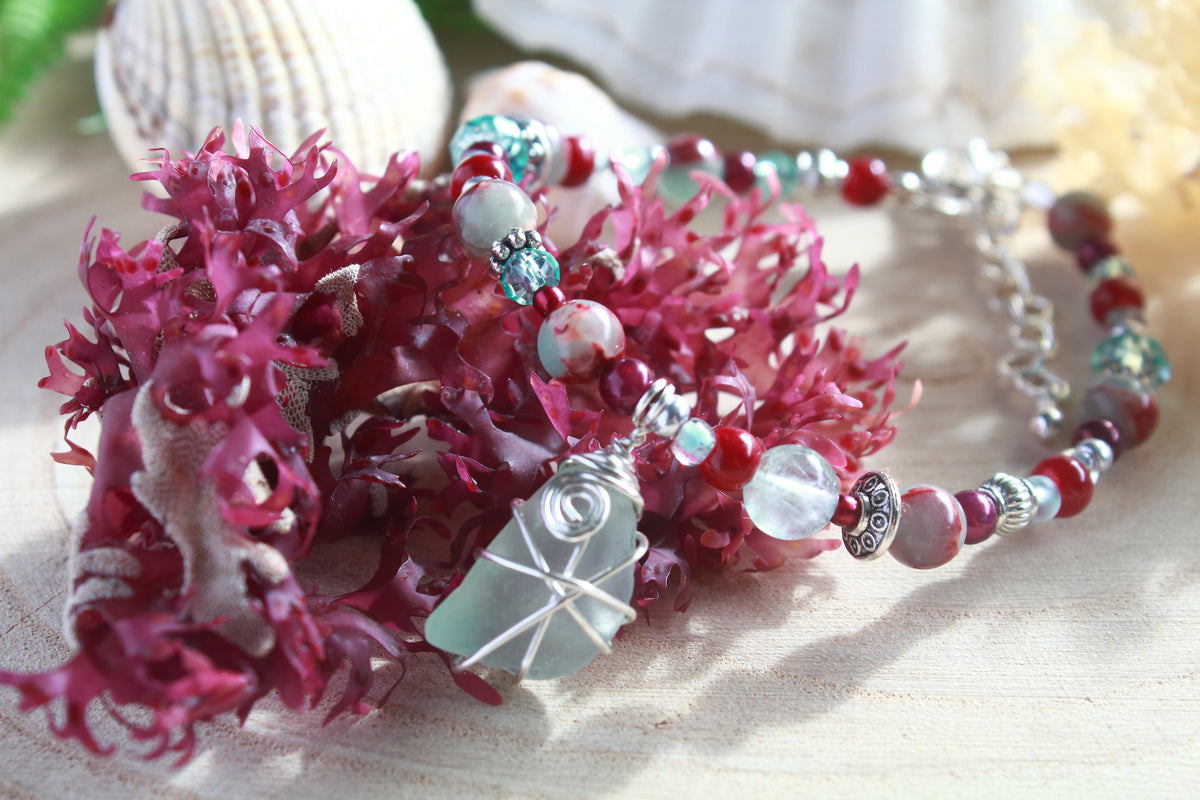 Burgundy Aqua Beaded Sea Glass Bracelet , Boho Irish Sea Glass Jewellery
