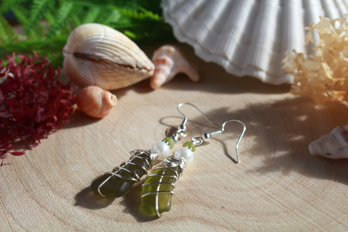 Frosted Green Irish Sea Glass Beaded Earrings, Boho Irish Jewellery