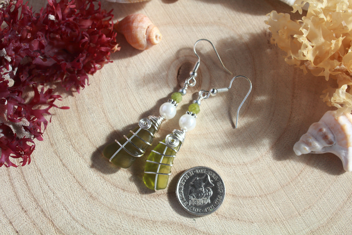 Frosted Green Irish Sea Glass Beaded Earrings, Boho Irish Jewellery