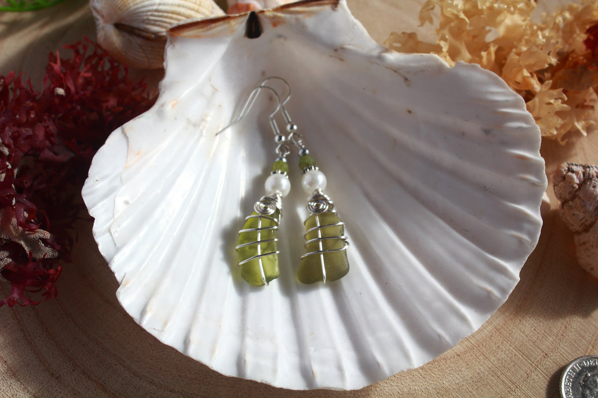 Frosted Green Irish Sea Glass Beaded Earrings, Boho Irish Jewellery