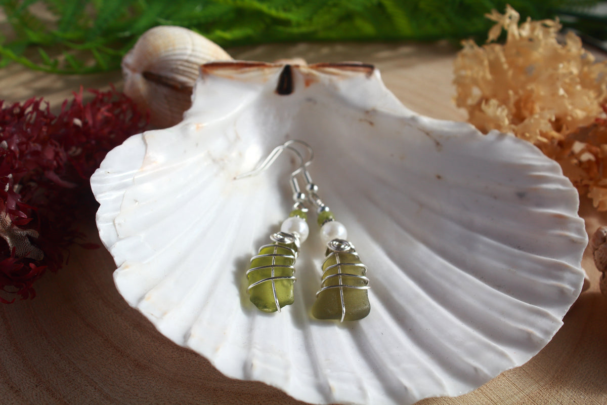 Frosted Green Irish Sea Glass Beaded Earrings, Boho Irish Jewellery