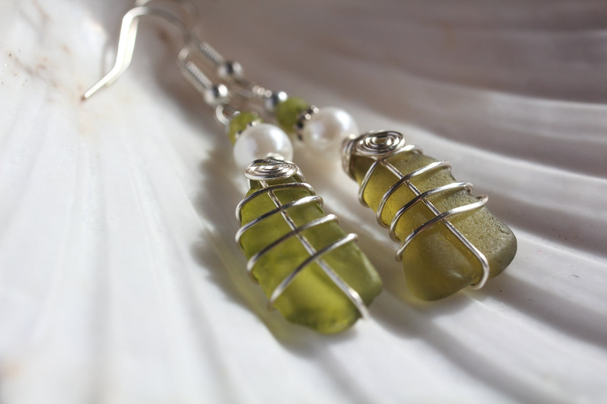 Frosted Green Irish Sea Glass Beaded Earrings, Boho Irish Jewellery