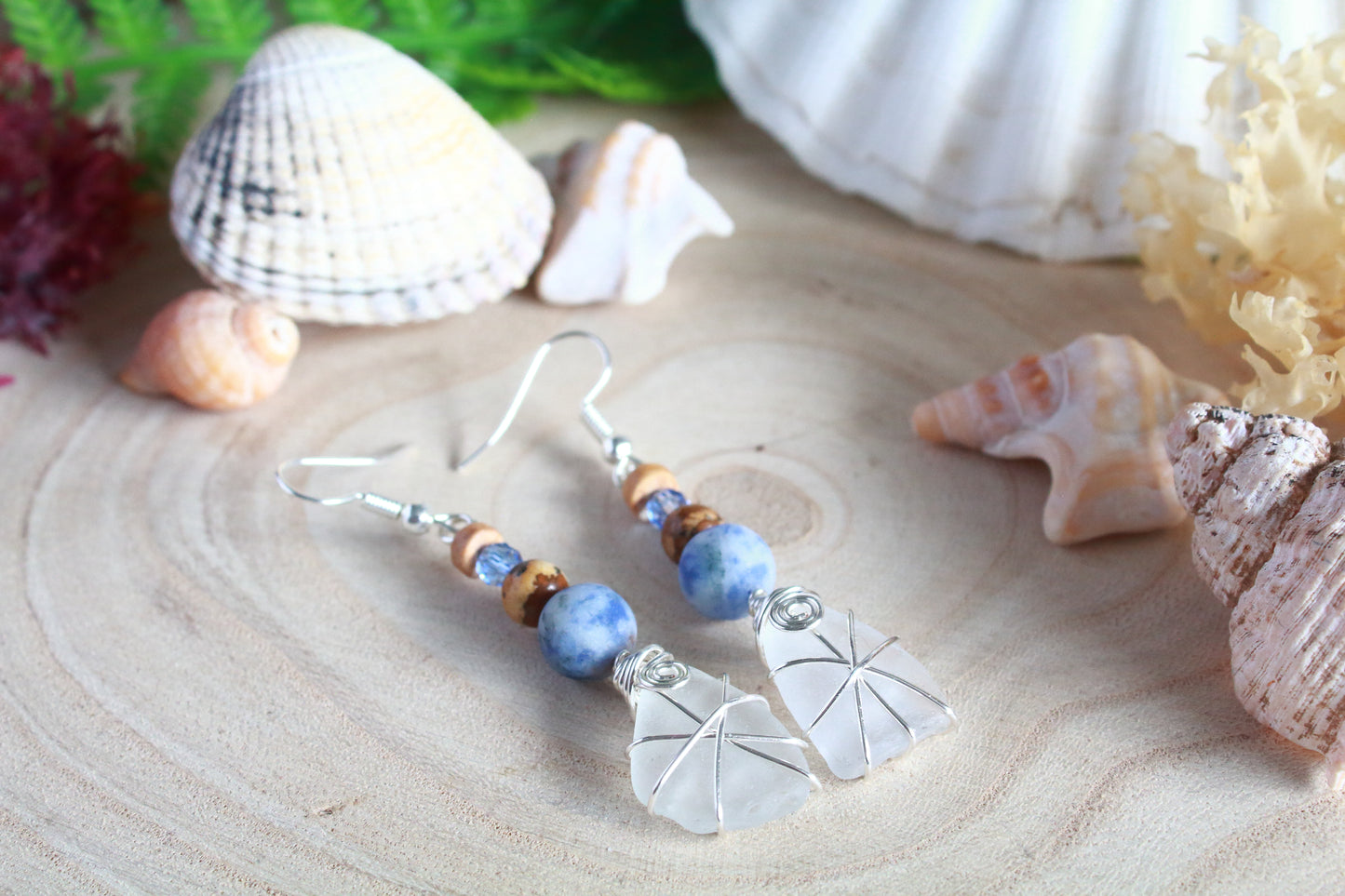 Shoreline Frosted White Irish Sea Glass Blue Beaded Earrings