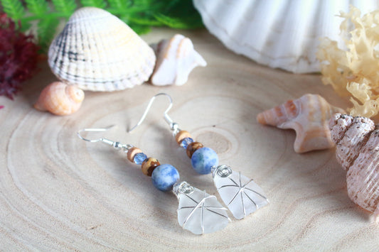 Shoreline Frosted White Irish Sea Glass Blue Beaded Earrings