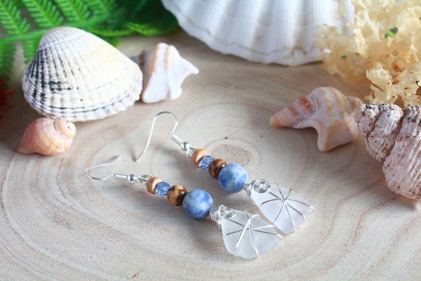Shoreline Frosted White Irish Sea Glass Blue Beaded Earrings