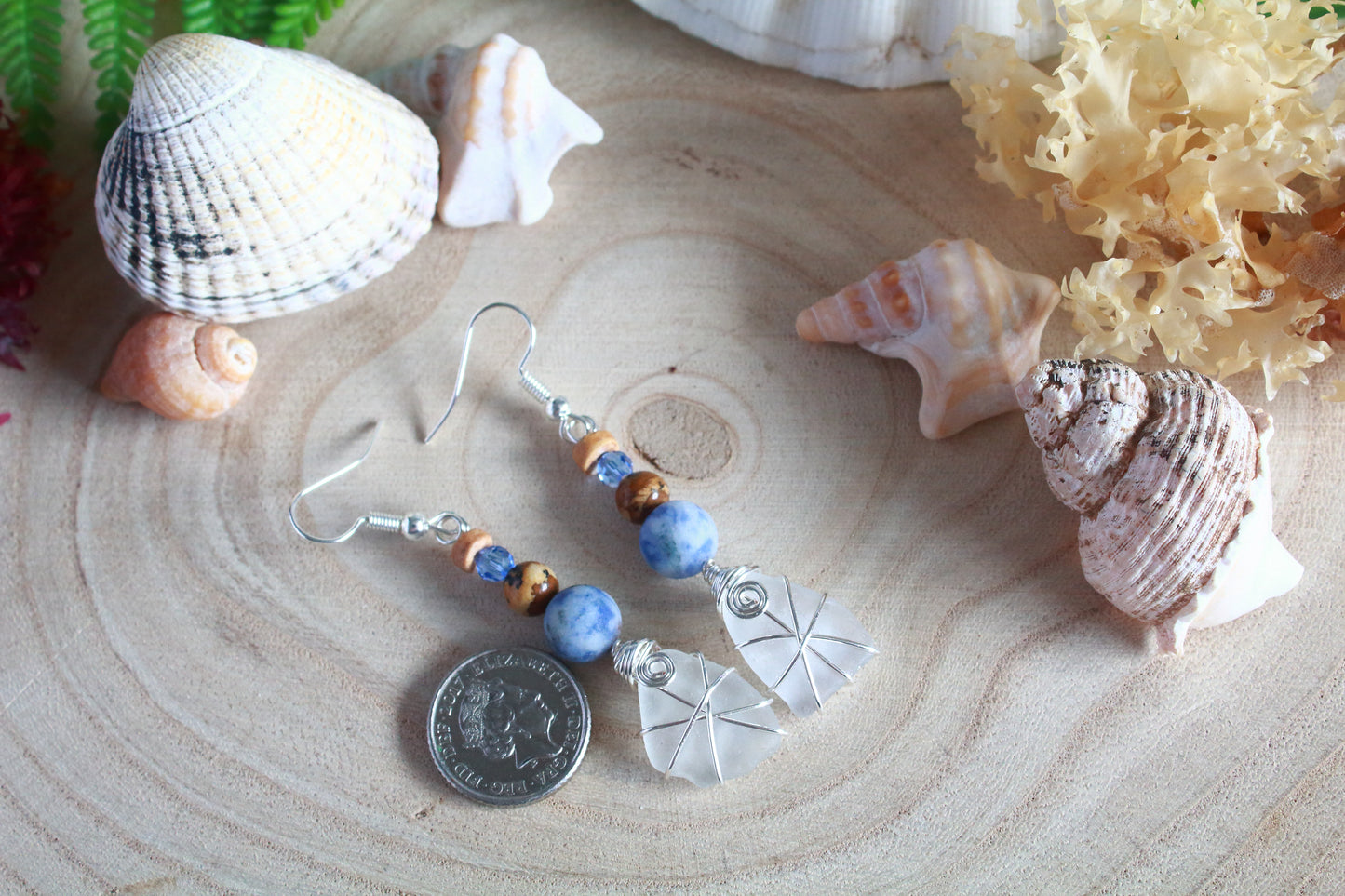 Shoreline Frosted White Irish Sea Glass Blue Beaded Earrings
