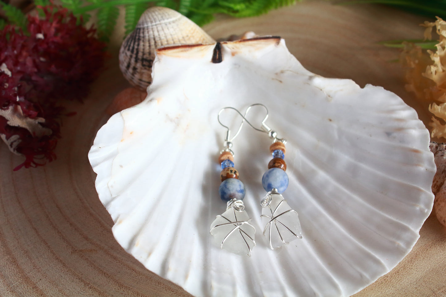 Shoreline Frosted White Irish Sea Glass Blue Beaded Earrings
