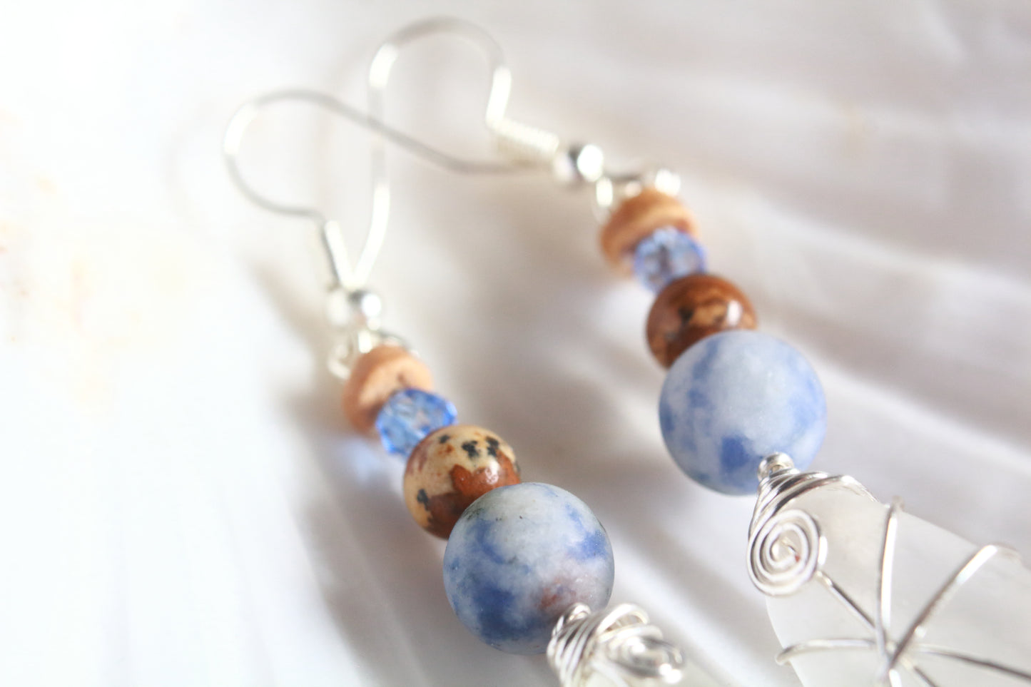Shoreline Frosted White Irish Sea Glass Blue Beaded Earrings