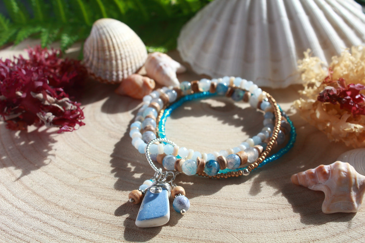 Beachy Beaded Stretch Sea Pottery Bracelet , Boho Irish Jewellery